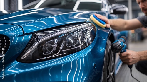 Man polishing blue car headlight in a detailing shop, background with blurred interior. Automotive service