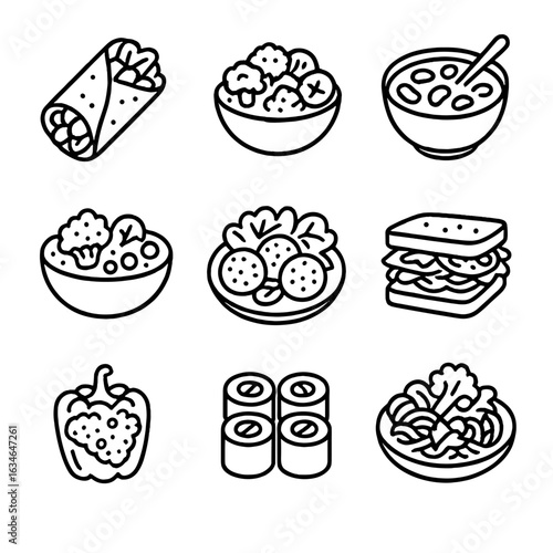Vector wrap salad quinoa chili stuffed falafel icons vegan veggie sandwich lunch