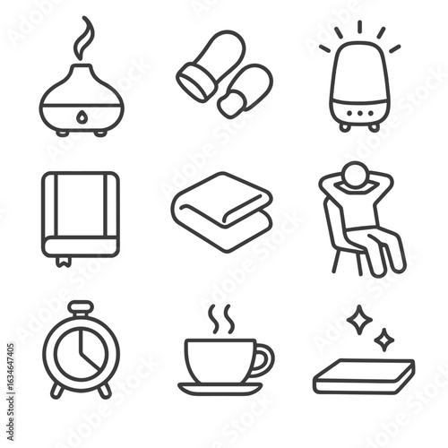 Blanket clean timer notebook diffuser workspace posture vector oil earplugs icon icons