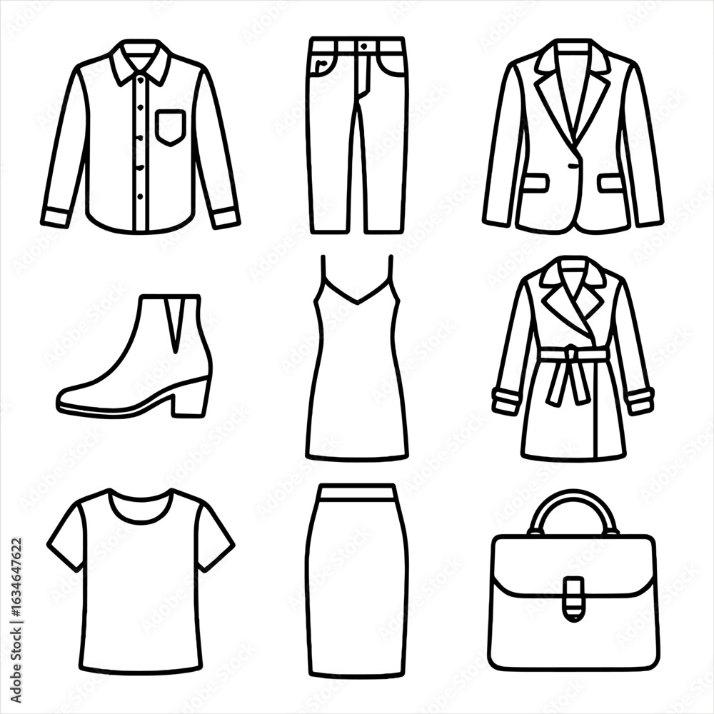 Naklejka premium Knit shirt satchel wardrobe jeans icon capsule boots icons vector dress top