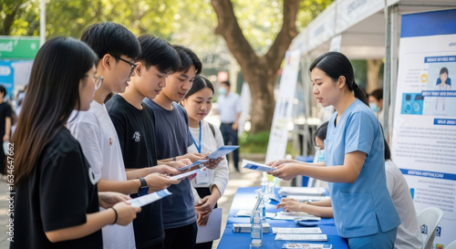 healthcare professional in blue uniform distributing informational brochures to diverse group at an outdoor booth. national immunization awareness month. public health, education, awareness campaign