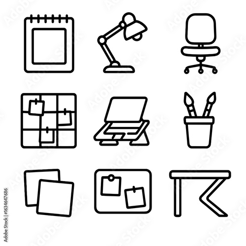 Vector notes desk sticky ergonomic creative laptop workspace icon holder swivel sketchbook