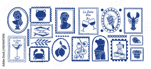 Italian sticker. Hand drawn Dolce Vita posters. Mediterranean culture, food. Vintage sculpture on print stamp. Doodle Italy vacation decorative elements in card frame. Vector set