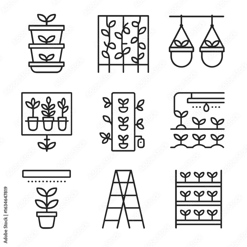 Fototapeta premium Trellis vertical icons drip vines pots vector gardening planters icon herbs irrigation