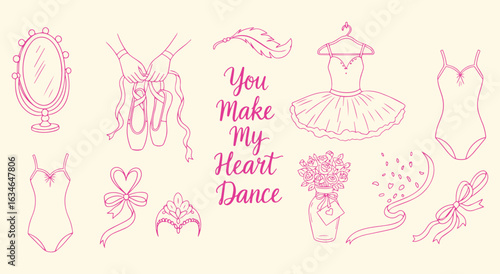 Ballet Doodle Icon Set. Pink hand drawn vector illustration of a ballerina, tutu, and pointe shoes. Dance graphic sticker clipart for kids, school, and performance design. Cute ballerina art.