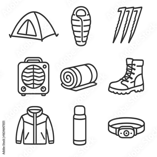 Vector snow camping heater stakes thermal icon gear boots windbreaker winter tent