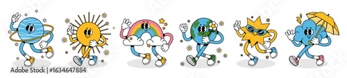 Funny weather character. Cartoon abstract mascot. Retro comic sun, planet, rainbow, running Earth, star, cloud with flower. Trendy groovy characters with legs and hands. Vector set