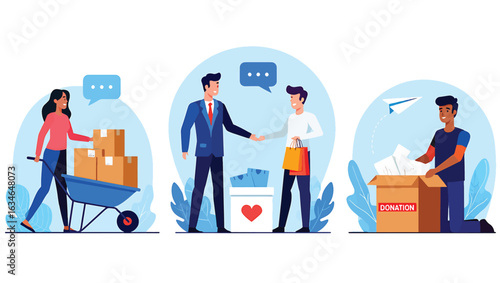 Charity and donation concept with volunteers giving humanitarian aid vector illustration set.