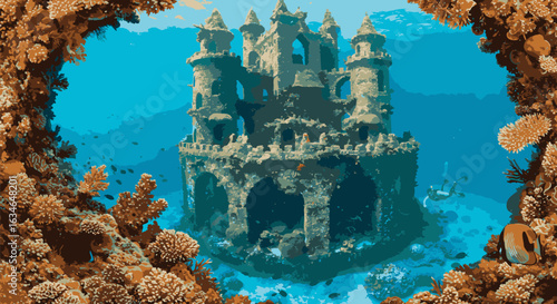 An enchanting illustration of a lost underwater kingdom, with a mysterious, ancient castle submerged deep in the ocean.