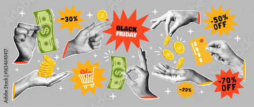 Hand holding money. Halftone hands with coins. Collage with cut paper elements for shopping sale and Black Friday. Financial planning, saving money, online payment. Vector concept