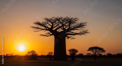 A baobab tree silhouetted against a vibrant orange sunset sky in an African landscape.