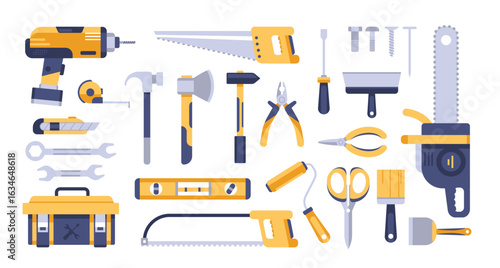 Repair and construction tools. Hand tools and equipment for maintenance, DIY, and building projects. Hammer, screwdriver, wrench, pliers, saw, drill, level, toolbox, screws. Vector set