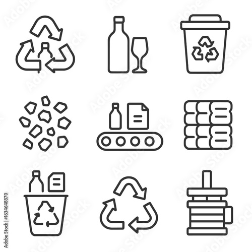 Bin recycling separation flakes glass bales conveyor icons icon plastic vector set