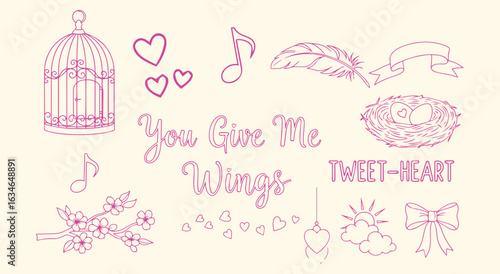 Romantic Bird Themed Vector Illustration Set. Pink Line Art Doodle for Valentine's Day, Love, and Wedding Design. Cute Graphics of a Birdcage, Nest, and Hearts for an Invitation or Card.