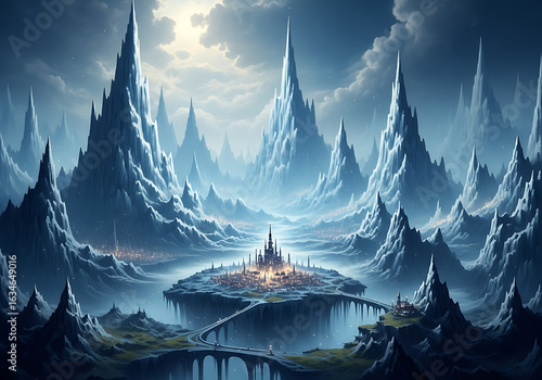 An Awe-Inspiring Fantasy Landscape with a Luminous City Nestled on a Floating Island, Surrounded by Majestic Ice-Capped Mountain Spires, Under a Dramatic Sky, Connected by a Spanning Bridge.
