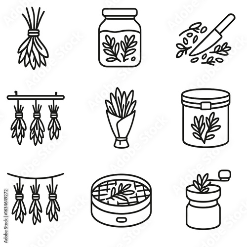 Hanging dehydrator preservation icon herb icons jar rack grinder tray vector paper