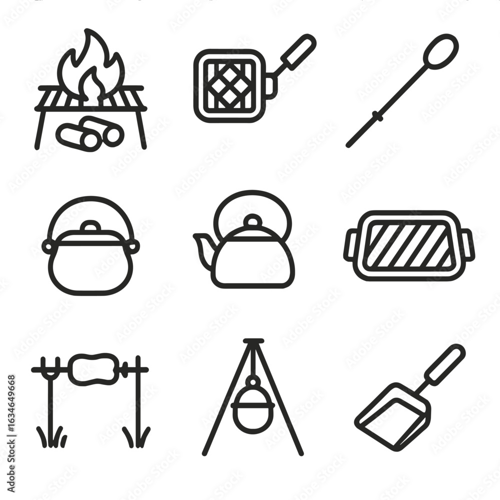Fototapeta premium Icon griddle rotisserie campfire ember grill vector icons shovel cast extendable cooking