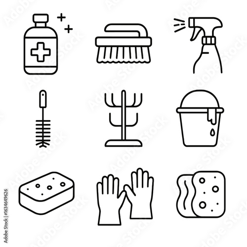 Cleaner icon sponge solution rinse rack bucket cleaning washer equipment vector icons