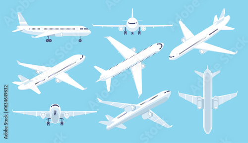 Airplanes. Aircraft plane flight. Planes in different positions, in top view, front and side views, in various angles. Aviation, cargo service, passenger transportation. Vector set