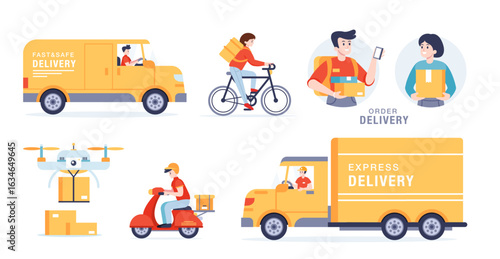 Delivery service. Online parcel logistics. Fast shipping with couriers, delivery trucks, scooters, drones, cardboard boxes. Food and goods delivery with courier by vehicle. Vector set