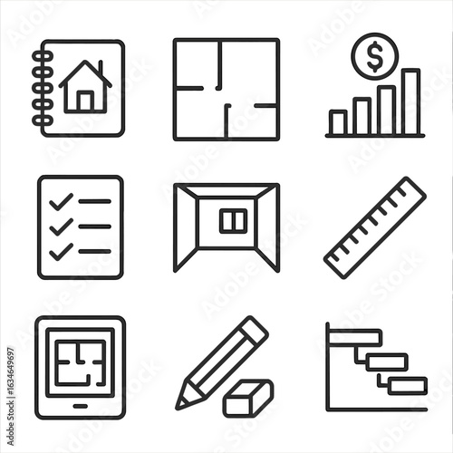 Vector budget checklist chart renovation sketchbook tablet plan room planning icons scale