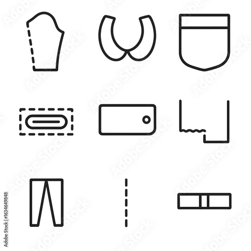 Vector hem buttonhole icon seam pattern set fold pocket sewing shape sleeve