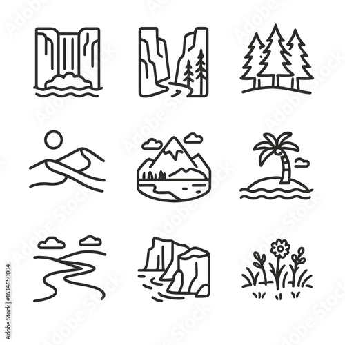 Forest vector lake landmark tropical natural icon mountain island dunes icons coastal