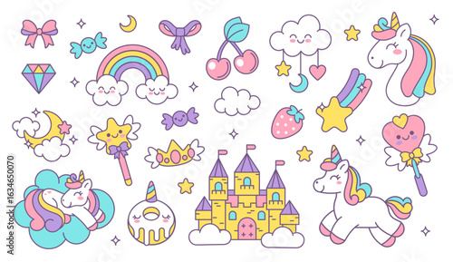 Cute unicorns elements. Kids little horse with wings. Child funny unicorn, rainbow, magic castle, clouds, stars. Fairy tale fantasy stickers for cards, invitations, posters. Vector set