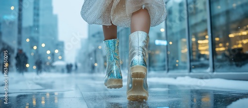 Girl Walking Down The Street In Fashionable Boots. Illustration On The Theme Of Fashion And Man.