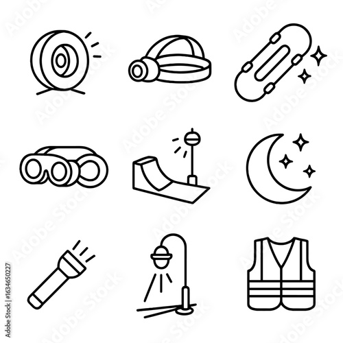 Shadow vest safety icons tape streetlight icon skateboarding lit night vector moon