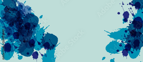 Abstract mint-green background with dynamic blue paint splatters and drips, ranging from turquoise to navy, concentrated left and right, artistic fluid expression