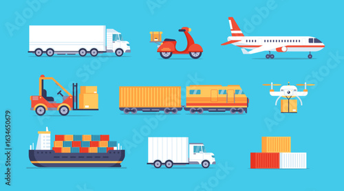 Logistics transport. Cartoon delivery transportation. Delivery trucks, cargo vans, containers, scooters, airplanes, ships, warehouse. Transportation modes and service concept. Vector set