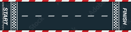 Racing road. Race track. Start and finish line racing high-speed racetrack top view background. Checkered lines vehicle, car, bicycle, motorbike asphalt route. Motorsport vector concept