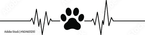 Heartbeat line with black dog paw print in center, pet love vector design for decals, tattoos, t-shirts, logos, and more