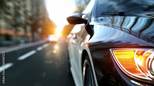 LED headlights turn on as a car navigates the city under nightfall.
