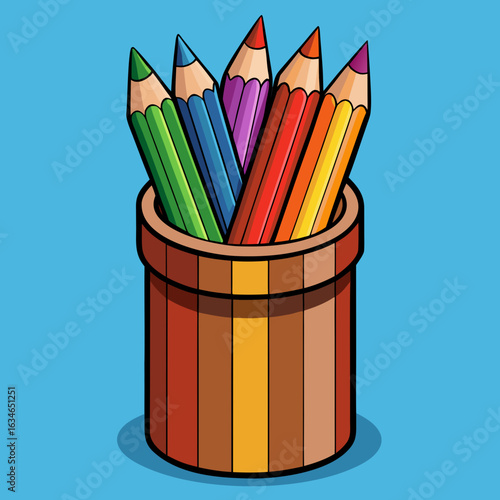 wooden pencil holder with a rainbow-colored arrangement of sharpened colored pencils vector 