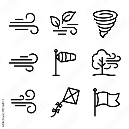 Wind lines gust icons air leaves elements sock vector flag breeze curved