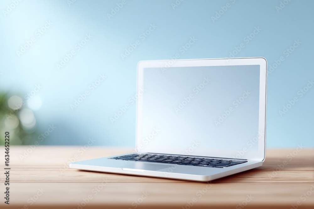 Fototapeta premium Sleek laptop on wooden table with soft blue background, modern d