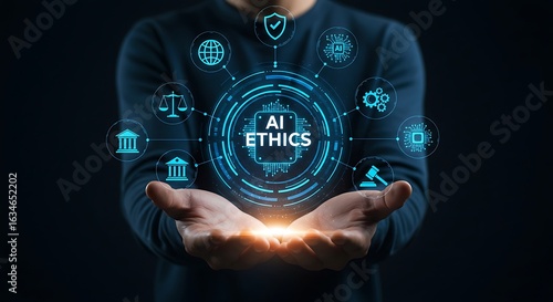AI ethics concept presented by a person holding digital icons