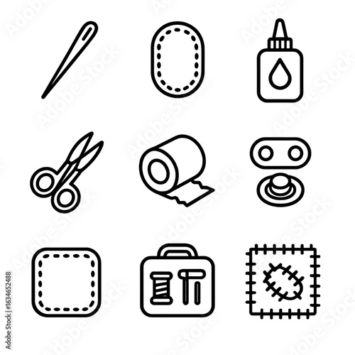 Stitch tools fabric fastener tape mending small icon icons repair vector visible