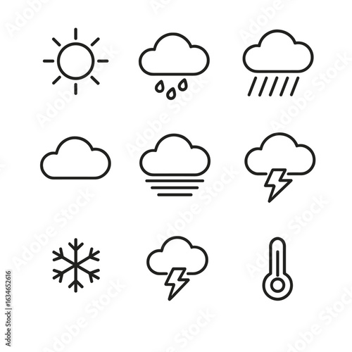 Weather snowflake cloudy rain set thunderstorm heavy wind fog temperature icon vector