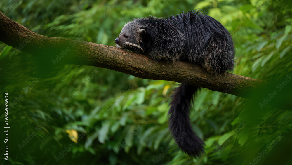Obraz premium Binturong Resting on Tree Branch A Captivating Portrait of Asian Wildlife in its Natural Environment with Lush Greenery and Detailed Fur Texture
