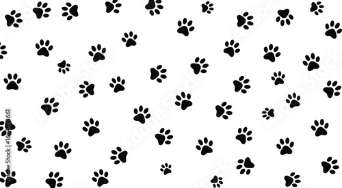 Seamless paw print pattern, dog and cat tracks, animal pet footprints vector, black trail design, white background repeat texture