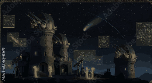 Ancient astronomical observatory with glowing figures charting a comet's journey across the cosmic night sky.