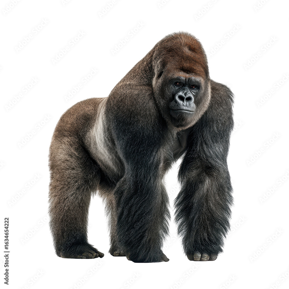 Fototapeta premium Large male gorilla stands majestically against a white background exhibiting strength and grace in a wild habitat setting