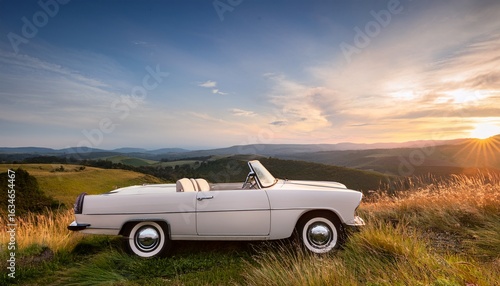 a vintage white convertible parked amidst a dreamy pastel hued landscape of rolling hills and grasses with ample copy space for text