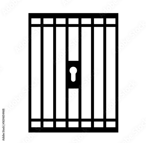 Black and white graphic illustration of prison bars with a keyhole symbolizing confinement security and restriction within a structure of captivity