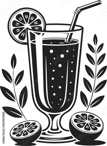 Smoothie glass, fruit beverage, refreshing drink, tall glass, vintage engraved style, cocktail inspiration, botanical elements, retro food illustration, etching