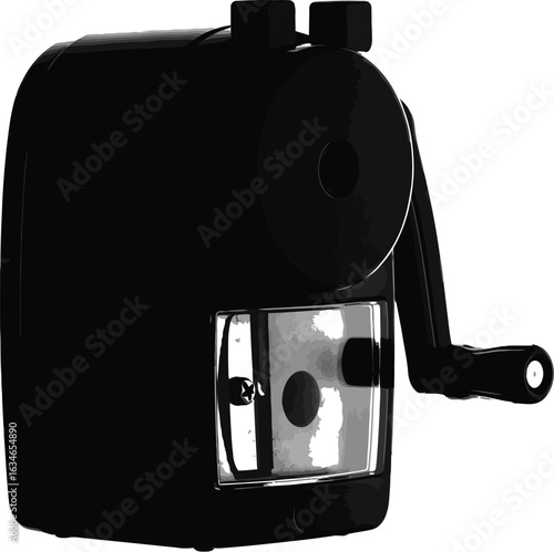 A sleek black pencil sharpener with a hand crank and shavings container is presented, showcasing its design and functionality for office or school supplies needs.