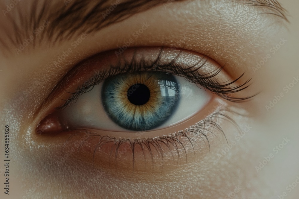Fototapeta premium Captivating Blue Green Iris Detailed Macro Shot of a Human Eye Showing Iris Pigmentation and Pupil